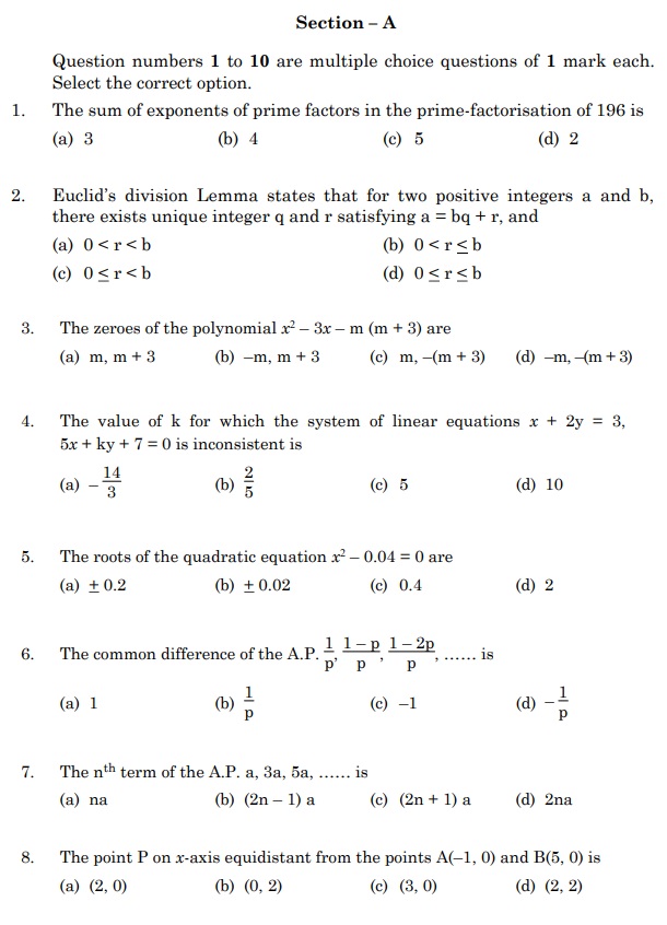 CBSE Class10 Exam 2020  Question Paper (Mathematics (Standard)  CBSE