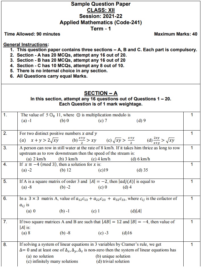  Download CBSE Class 12 Sample Paper 2021 22 Applied Mathematics 